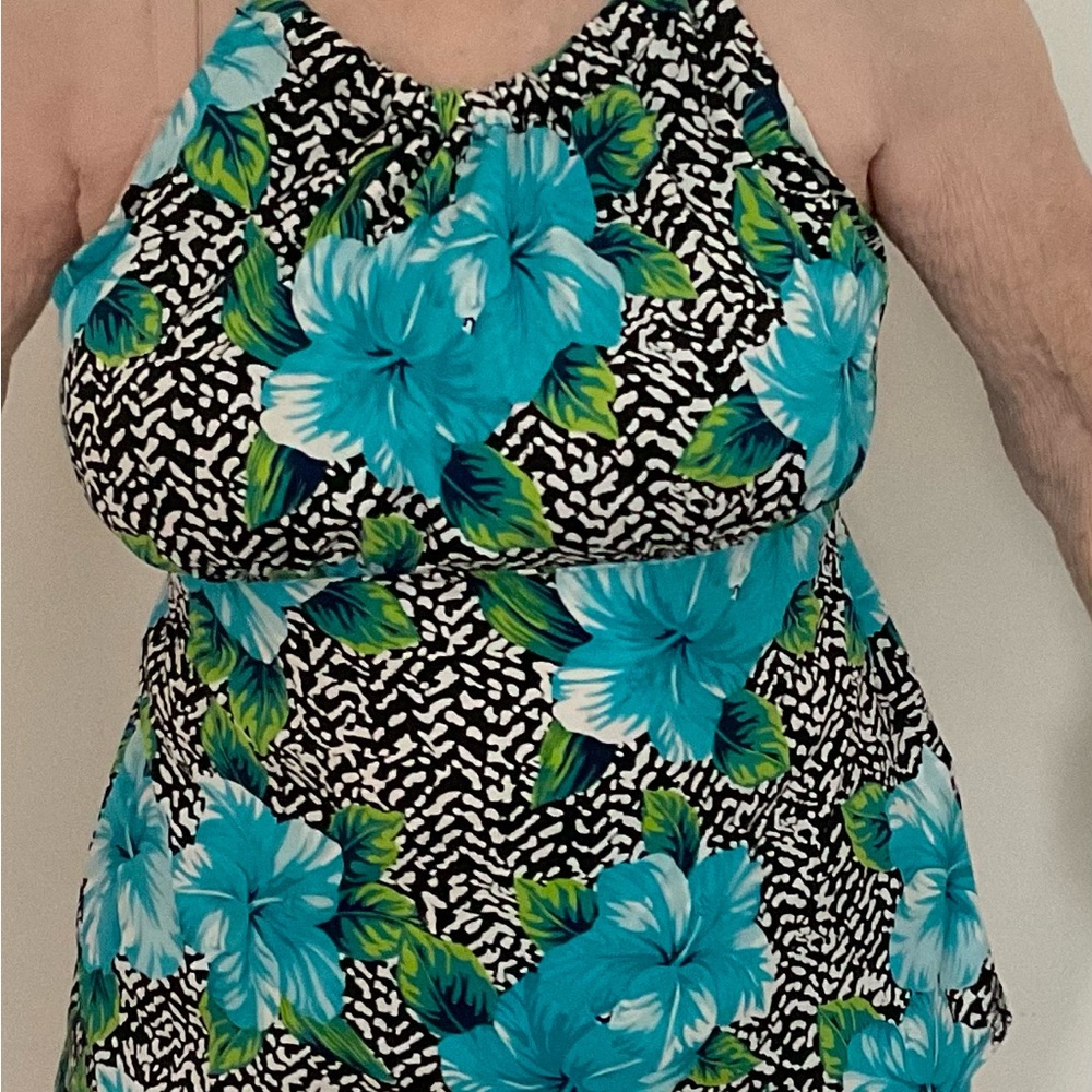 Caribbean Joe Women's Floral Swim Dress in Turquoise and Black